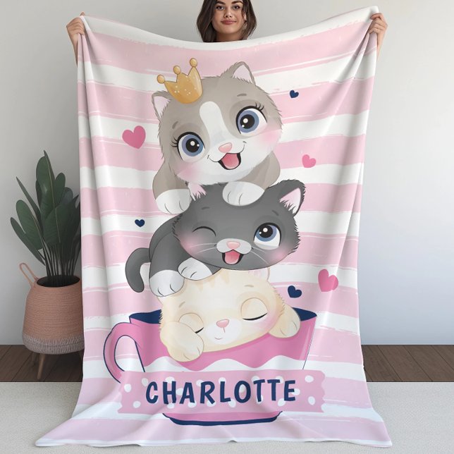 Manta Sherpa Gatos Personalizados Cutetos apilados Tiras Rojas  (Subido por el creador)