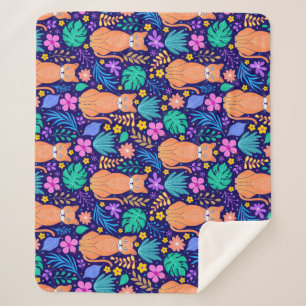 Manta Sherpa Gatos y flores tropicales: Patrón oscuro