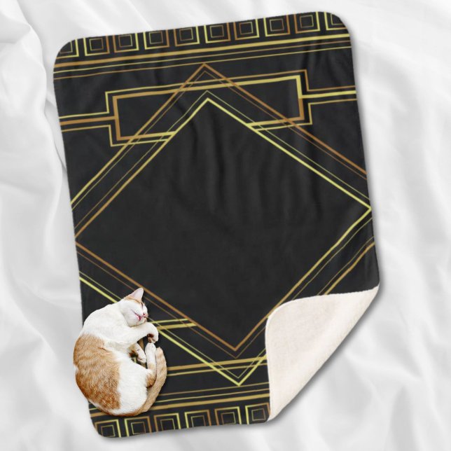 Manta Sherpa gatsby patrón geométrico negro y dorado art deco (gatsby black and gold geometric pattern art deco sherpa blanket)
