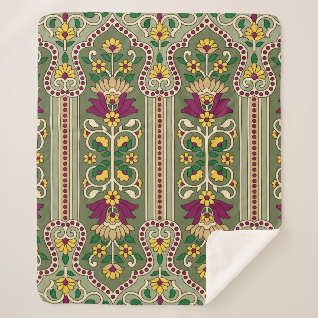 Manta Sherpa Geometric Mughal Paisley pattern on green backgrou (Anverso)