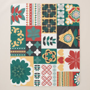 Manta Sherpa Geométrica Mexicana: Ornamento Verde Rojo.