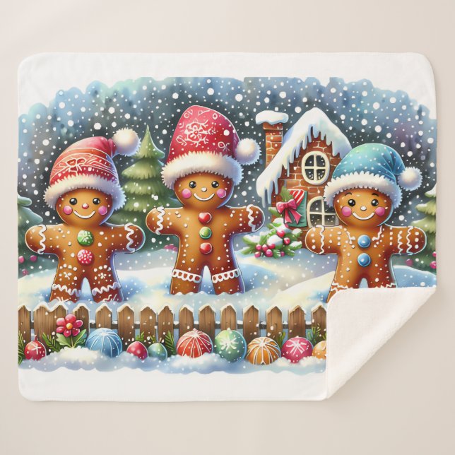 Manta Sherpa Gingerbread Family Snowy Christmas Scene (Anverso (horizontal))