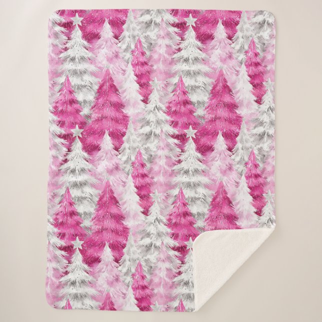 Manta Sherpa Girly Pink Silver Glam Christmas Trees Stripes (Anverso)