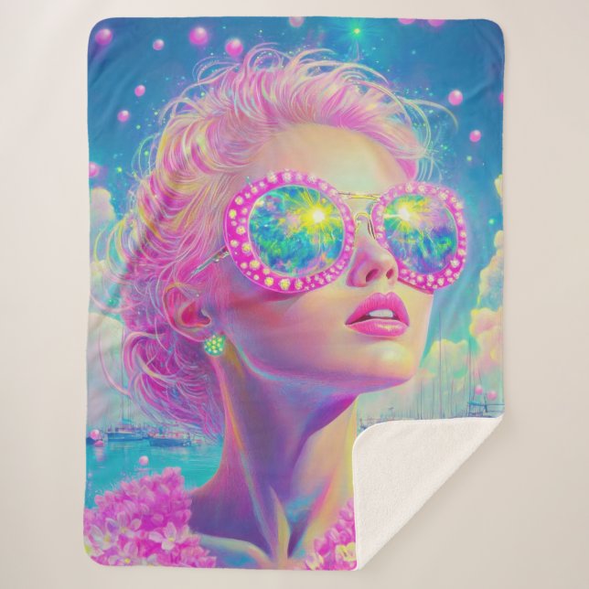 Manta Sherpa Glamorosa mujer neón con gafas de espuma (Anverso)
