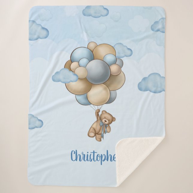 Manta Sherpa Globos beige azul de oso de peluche personalizados (Anverso)