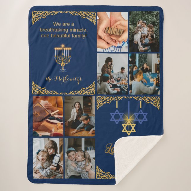 Manta Sherpa Golden Family Photo Hanukkah Miracle Navy Blue  (Anverso)