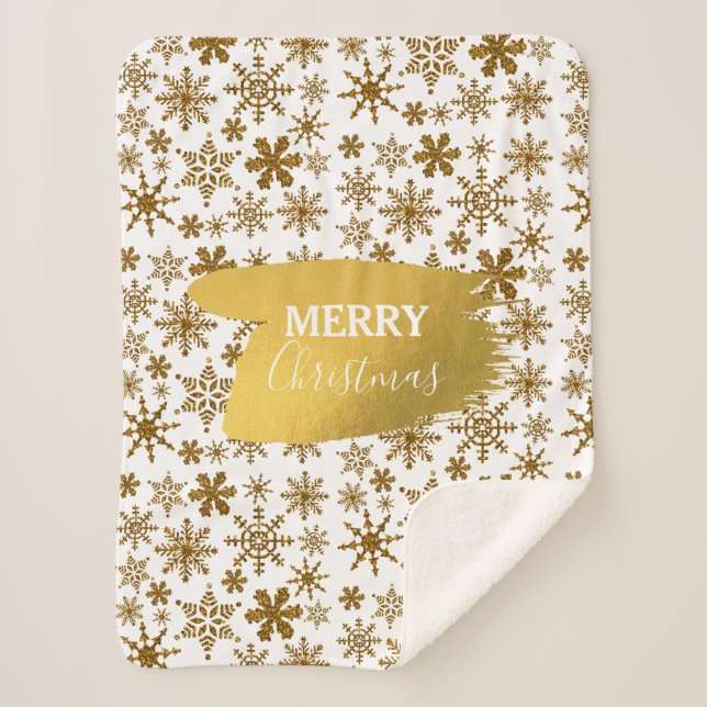 Manta Sherpa Golden Sparkling Snowflakes Feliz Navidad (Anverso)