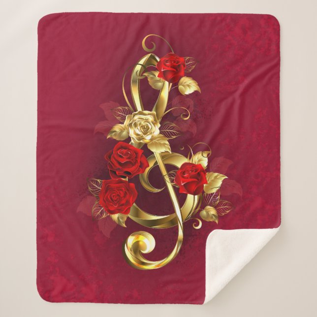 Manta Sherpa Golden Treble Clef con flores Rosas (Anverso)