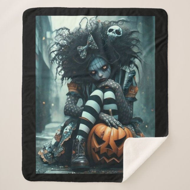 Manta Sherpa Gothic Girl with Pumpkin and Skull – Dark and Cozy (Anverso)