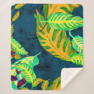 Manta Sherpa Gouache azul de tintes tropicales. Patrón tropical
