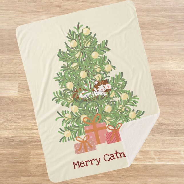 Manta Sherpa ¡Gracioso Cat & Christmas Tree Merry Catnaps! Crem (Subido por el creador)