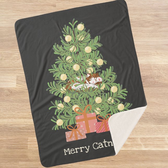 Manta Sherpa ¡Gracioso Cat & Christmas Tree Merry Catnaps! Negr (Subido por el creador)