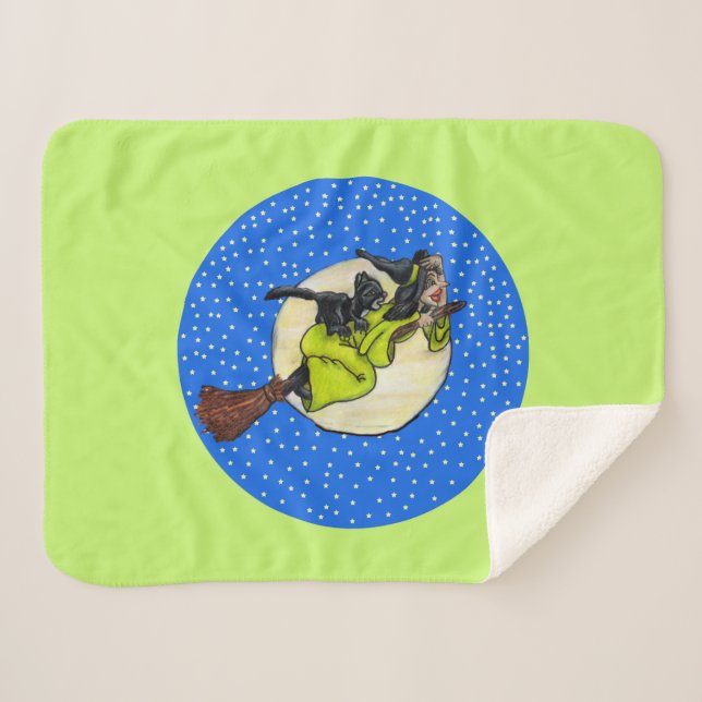 Manta Sherpa Gracioso vestido verde bruja volando en estrellas  (Anverso (horizontal))