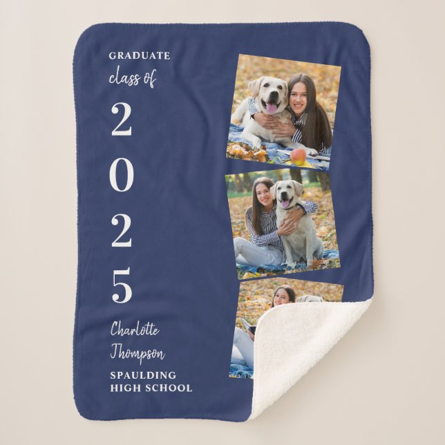 Manta Sherpa Graduado Keepsake personalizado 3 foto azul de la  (Anverso)
