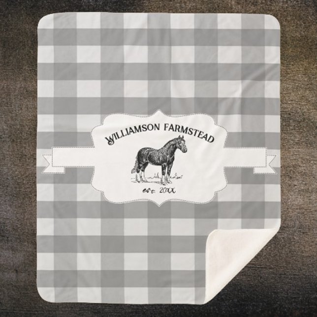 Manta Sherpa Granja criolla de búfalo gris Caballo Sherpa Blank (Gray Buffalo Plaid Farm Horse Personalized Sherpa Blanket)