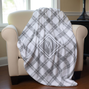 Manta Sherpa Granja gris y blanca Tartán Plaid y Monograma