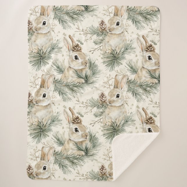 Manta Sherpa Green Pine Cones Bunny Rabbits Christmas (Anverso)