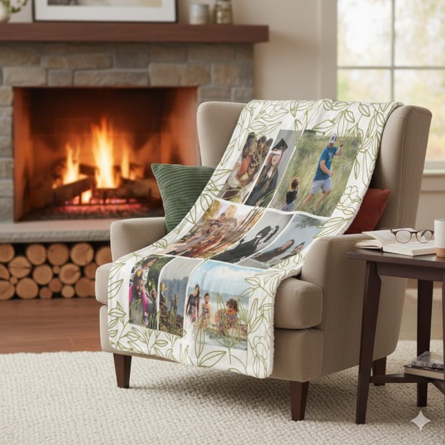 Manta Sherpa Greenery 9 Photo Collage Personalized  (blanket mockup in a cozy living room)