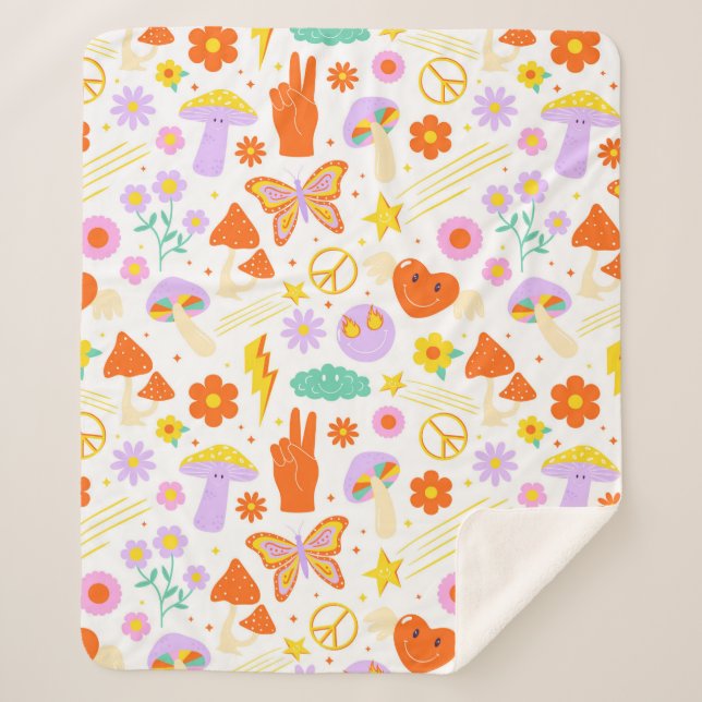 Manta Sherpa Groovy Hippie Trippy Retro Flor Funky Vibes (Anverso)