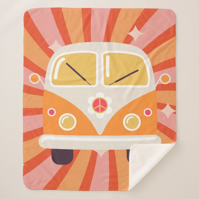 Manta Sherpa Groovy Hippie Van Pink y Naranja 60 Retro (Anverso)