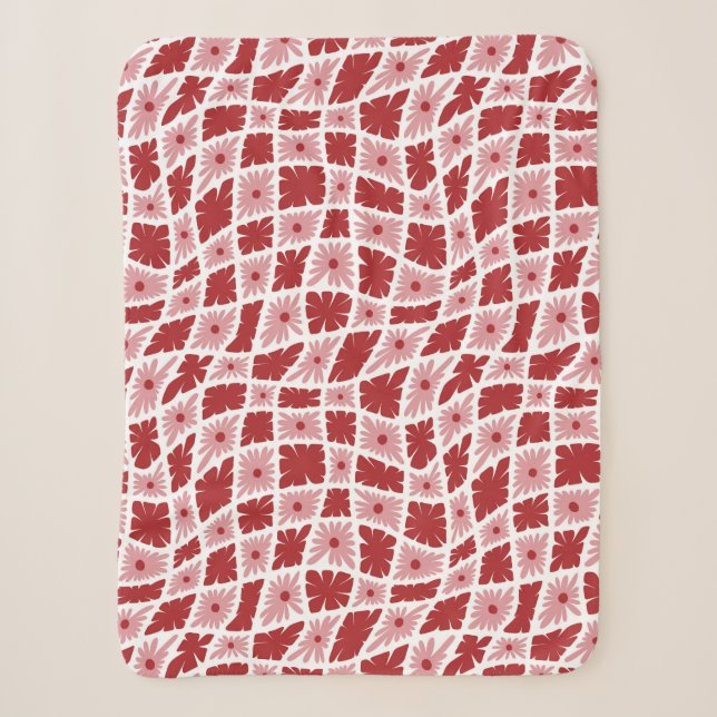 Manta Sherpa Groovy Wavy Trippy 60 Flores Cheques Rojo Rosa (Anverso)