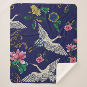 Manta Sherpa Grúas, olas y flores japonesas. Embroidery ill