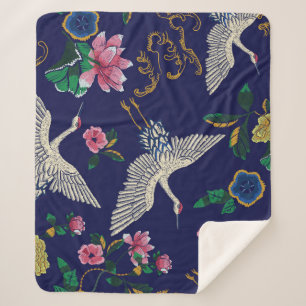 Manta Sherpa Grúas y flores bordadas, sin costura vintage p