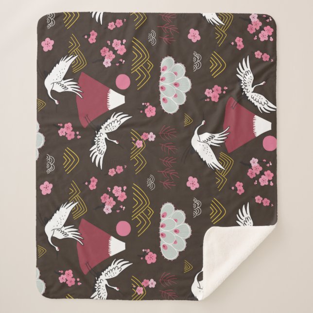 Manta Sherpa Grullas Japonesas: Patrón tradicional sin foco (Anverso)