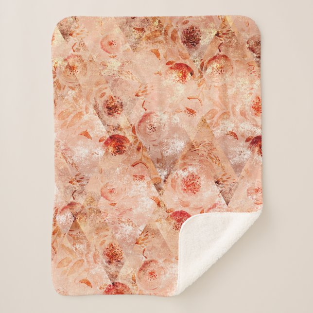 Manta Sherpa Grunge patrón floral. Fondo coral. (Anverso)