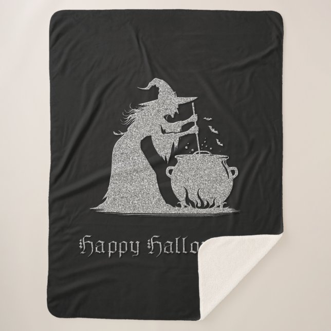 Manta Sherpa Halloween de Brujas y Calderones Plateados (Anverso)