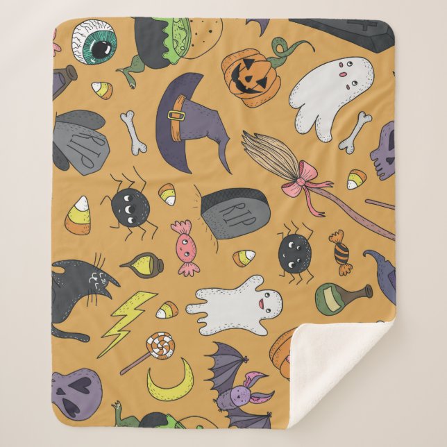 Manta Sherpa Halloween Doodle Objects Seless Pattern (Anverso)