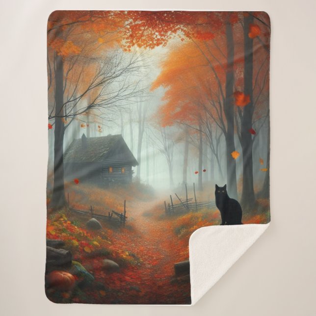 Manta Sherpa Halloween/otoño/otoño/otoño/calabaza/gato (Anverso)