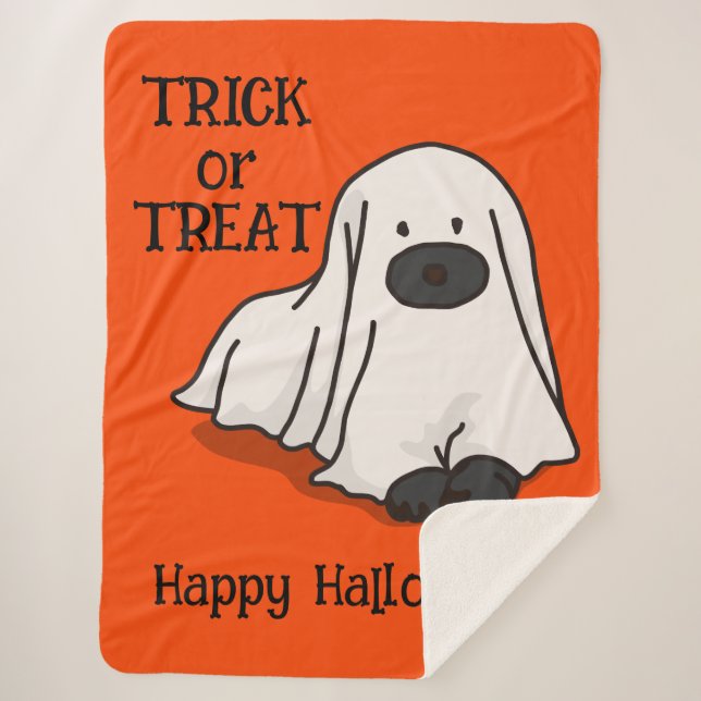 Manta Sherpa Halloween Whimsical Cute Ghost Dog Naranja (Anverso)