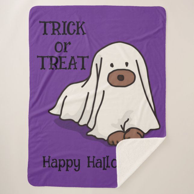 Manta Sherpa Halloween Whimsical Cute Ghost Dog Purple (Anverso)