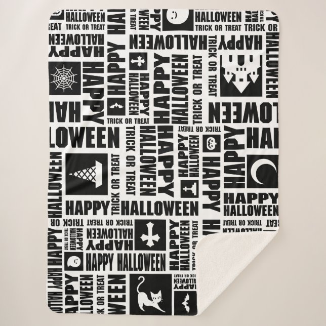 Manta Sherpa Halloween Whimsical Guay Typography Pattern Black (Anverso)