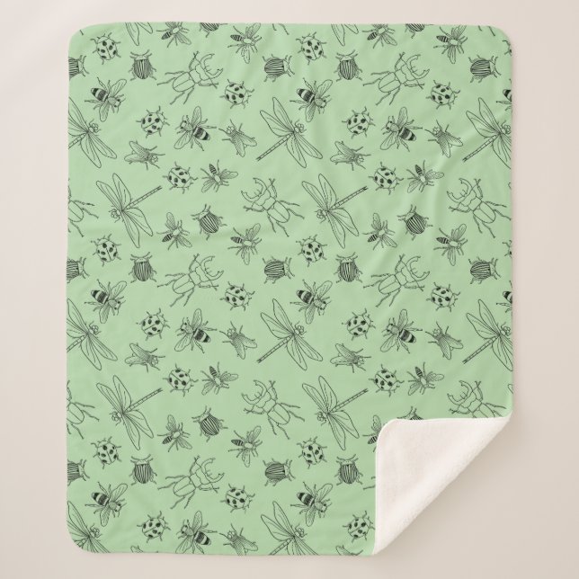 Manta Sherpa Hand-Drawn Cartoon Insects Pattern Throw Blanket (Anverso)