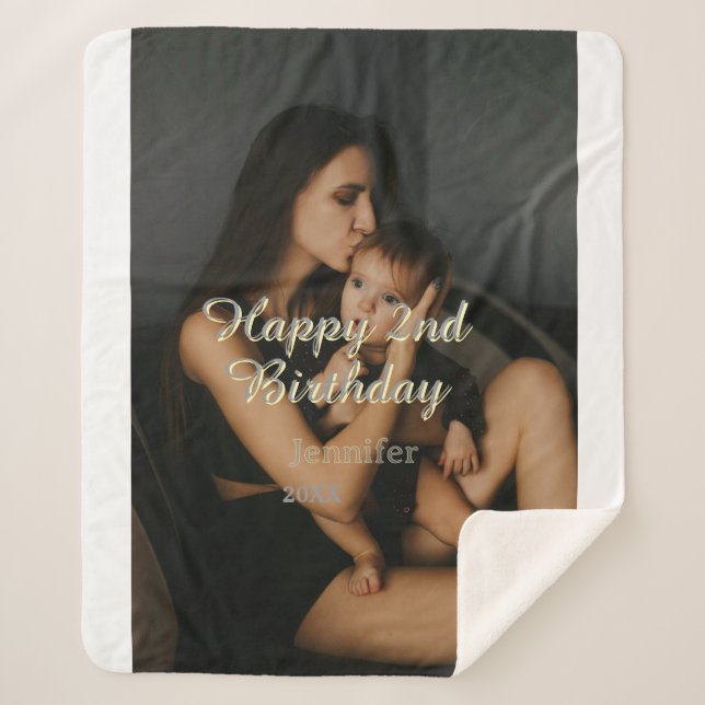 Manta Sherpa Happy 2nd birthday kids baby mother yellow gray na (Anverso)