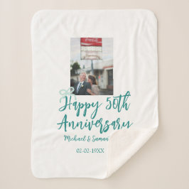 Manta Sherpa Happy 50th anniversary photo turquoise bow name da