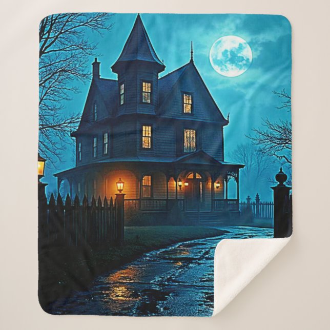 Manta Sherpa Haunted Mansion Blue Moonlight Night Design (Anverso)