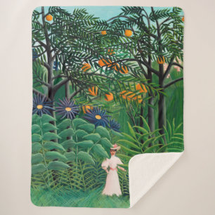 Manta Sherpa Henri Rousseau - Mujer caminando en un bosque exót