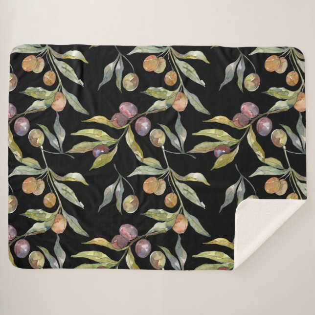Manta Sherpa Hermosa acuarela Patrón de aceitunas italiano negr (Anverso (horizontal))