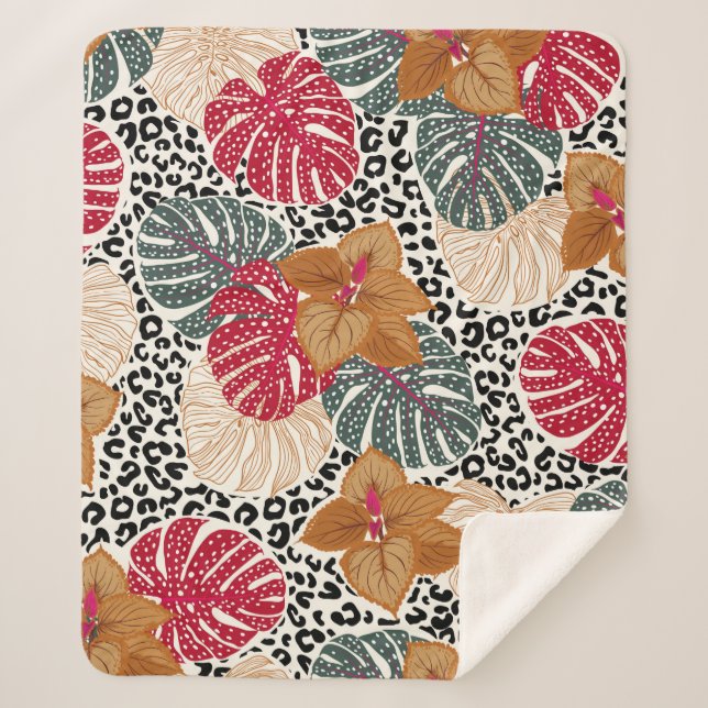 Manta Sherpa Hermosa y elegante huella tropical en el leopardo (Anverso)