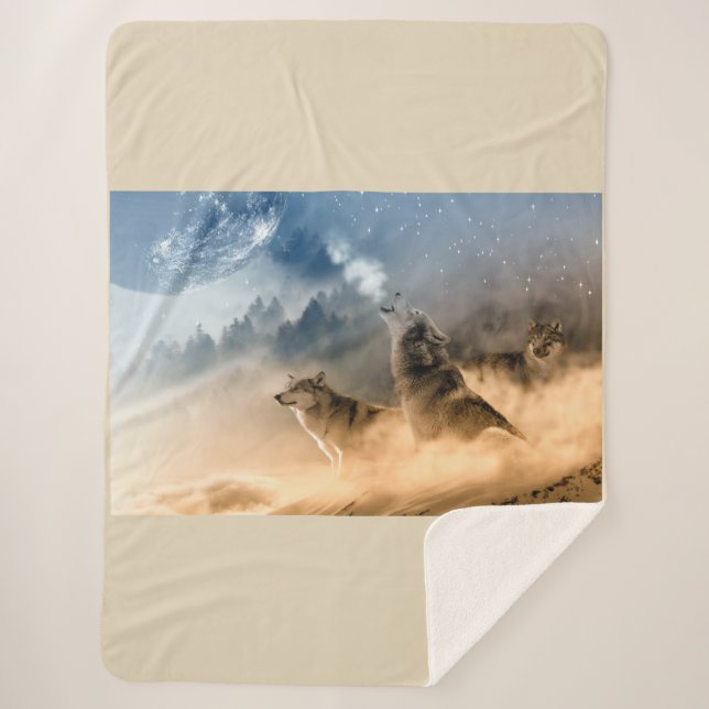 Manta Sherpa Hermosas Estrellas Foggy Night Wolfs Howl (Anverso)