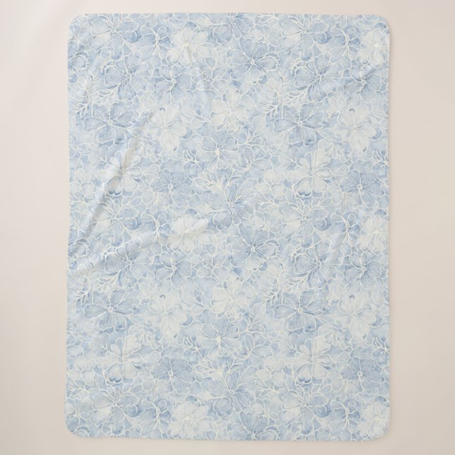 Manta Sherpa Hermosas flores blancas azules   (Anverso)