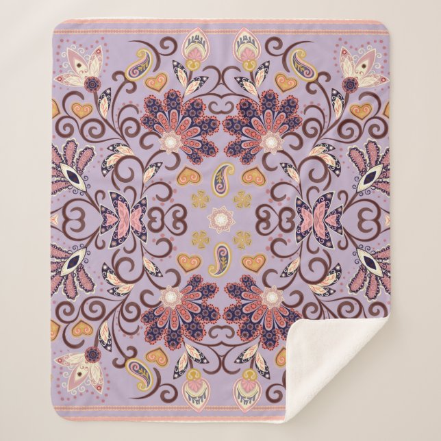 Manta Sherpa Hermosas flores indias étnicas. Hermoso adorno.  (Anverso)