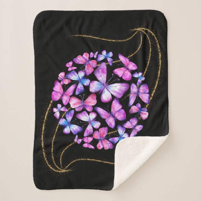 Manta Sherpa Hermosas mariposas acuarelas con honda dorada (Anverso)