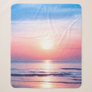 Manta Sherpa Hermoso amanecer, mar azul, cielo rosa, whi