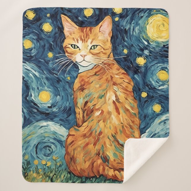 Manta Sherpa Hermoso Ginger Tabby Cat en la noche estrellada (Anverso)
