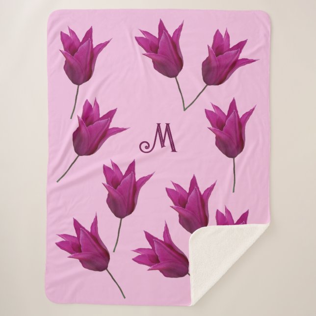 Manta Sherpa Hermoso monograma M bonito tulipano rosa floral (Anverso)