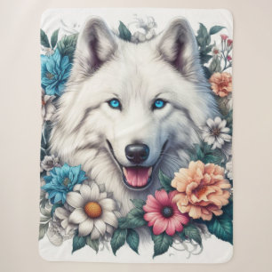 Manta Sherpa Hermoso perro lobo blanco con flores